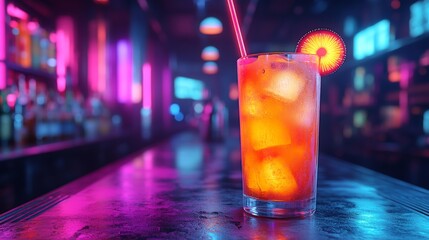A cyberpunk-themed drink with glowing neon straws, set in a futuristic bar, digital effects in the background, hyper-realistic, high detail, photorealistic