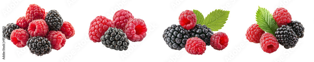 Poster Using a clipping path and a full depth of field, wild berries, raspberry, blackberry are isolated on a white background