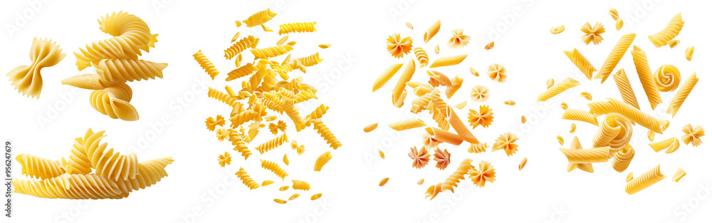 Poster the background is white, but there is a depth of field and the pasta is falling uncooked