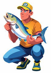 Fisherman crouching and holding big fish cartoon illustration