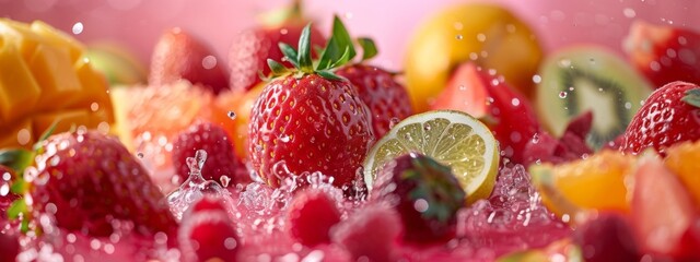 Close-up of strawberries and citrus fruits splashing in water