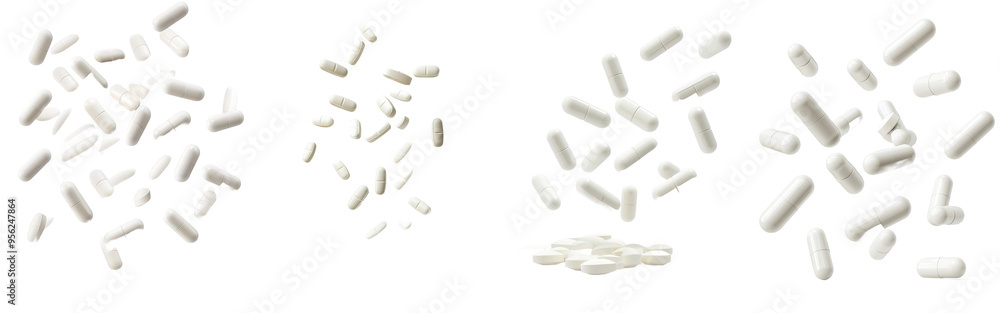 Poster isolated falling pills with full depth of field, isolated on white
