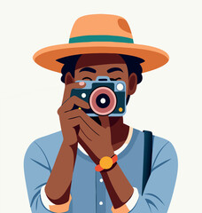 Young male photographer taking pictures with retro camera-