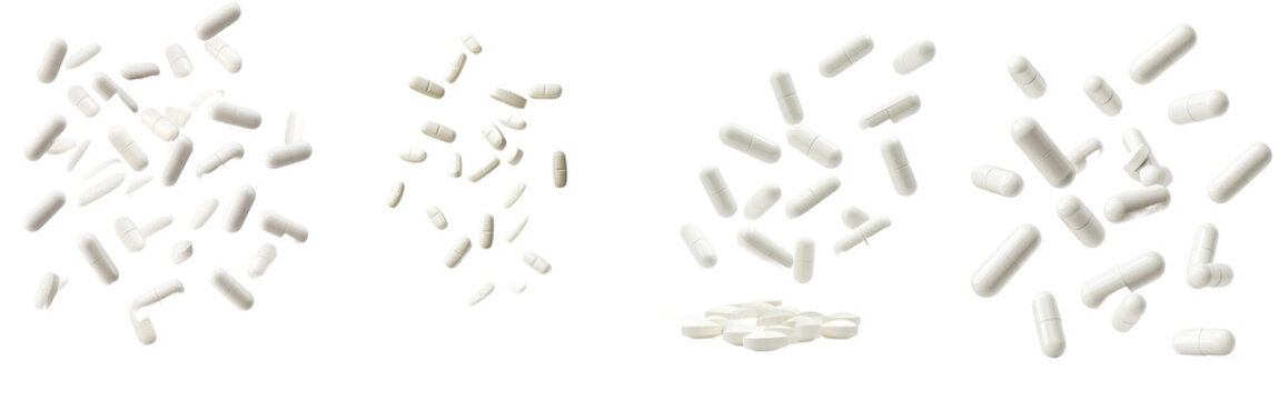 Isolated falling pills with full depth of field, isolated on white
