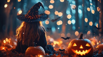 Halloween Background with Witch and Pumpkins, Featuring Bats, Lights, and Ornaments to Promote Halloween Party. AI generated illustration