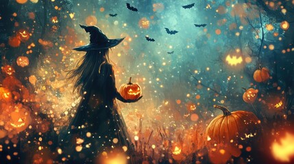 Halloween Background with Witch and Pumpkins, Featuring Bats, Lights, and Ornaments to Promote Halloween Party. AI generated illustration