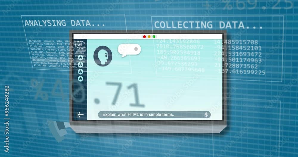 Aufkleber chat interface with explain what html is in simple terms text over data processing animation