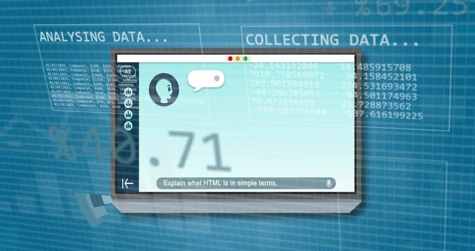 Chat interface with Explain what HTML is in simple terms text over data processing animation