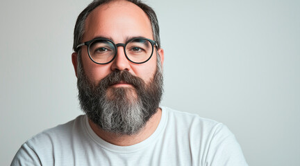 Fototapeta premium candid photo of a bearded obese man in his mid forties, glasses, big eyebrows, slightly receding hairline, wearing a whtie t-shirt, white background, studio photography