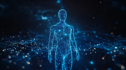 Wireframe human figure standing against blue digital background. Generative AI