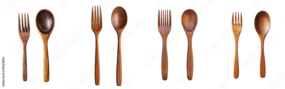 Wall mural a wooden spoon and fork is isolated on a white background, with full depth of field