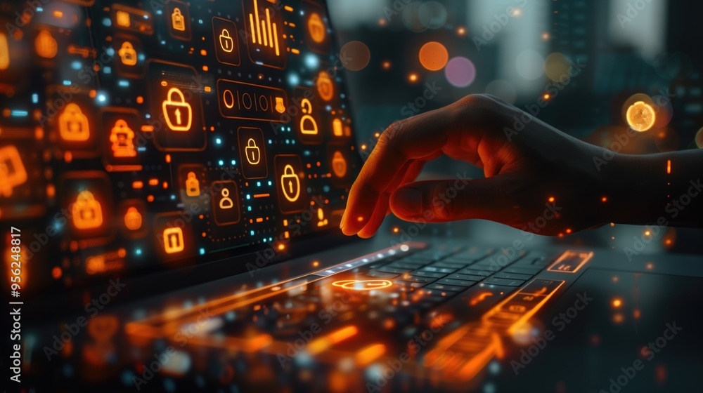 Poster futuristic cybersecurity interface with hand interacting on laptop for data protection.