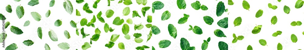Poster selective focus on a falling strawberry leaf on a white background