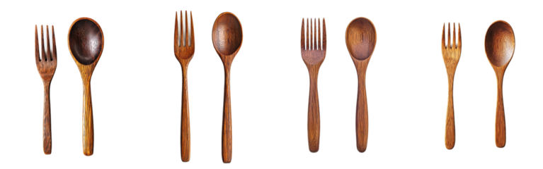 A wooden spoon and fork is isolated on a white background, with full depth of field