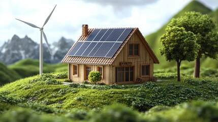 Obraz premium Isometric view of a wooden house with a solar panel on the roof, surrounded by grass, a tree, and a nearby wind turbine. for use in eco-friendly and green energy-related projects.