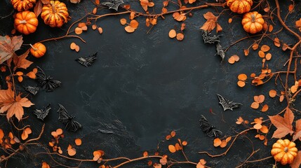 Halloween Banner with Copy Space Featuring Bats, Pumpkins, and Sycamore Tree Branches in Autumn. AI generated illustration