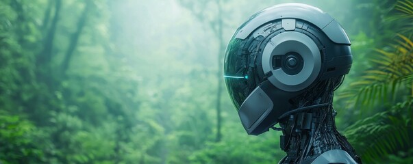 A futuristic robot head amidst a lush green jungle, blending technology with nature in a serene environment.