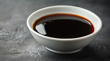 Soy sauce in a small white bowl. Perfect for illustrating Asian food recipes or ingredients.