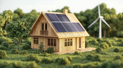 Obraz premium Isometric view of a wooden house with a solar panel on the roof, surrounded by grass, a tree, and a nearby wind turbine. for use in eco-friendly and green energy-related projects.
