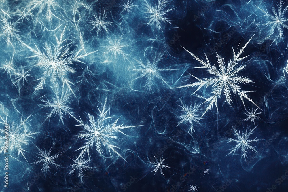 Poster Delicate snowflakes intertwine with flowing lines on a dark blue backdrop, creating a mesmerizing winter abstract design. Generative AI