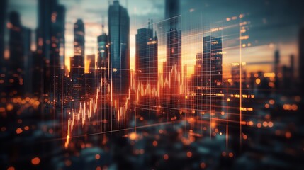 City Skyline with Financial Data Overlay. Futuristic city skyline blended with digital financial graphs and glowing data, representing modern finance and stock market trends.