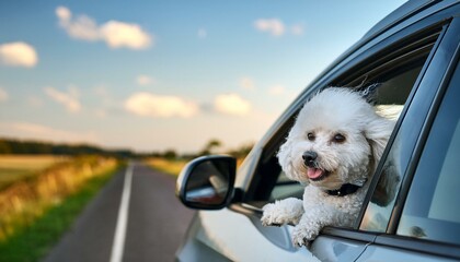 愛犬とドライブ。車の窓から顔を出しているトイプードル。（Driving with dog. A Toy poodle peeking out of a car window.）
