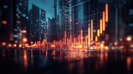 Futuristic Stock Market Data in Urban Setting. Vibrant city at night with illuminated skyscrapers and glowing stock market data overlays, symbolizing the intersection of technology and finance.