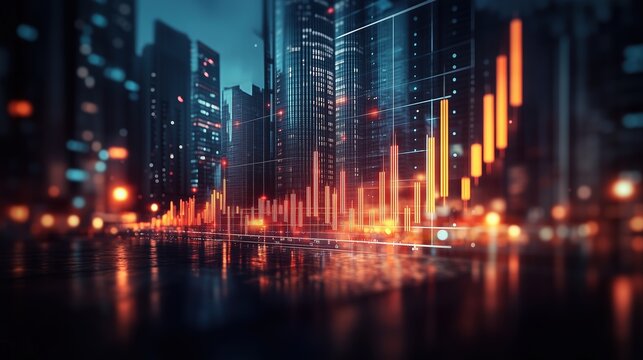 Futuristic Stock Market Data in Urban Setting. Vibrant city at night with illuminated skyscrapers and glowing stock market data overlays, symbolizing the intersection of technology and finance. - Powered by Adobe