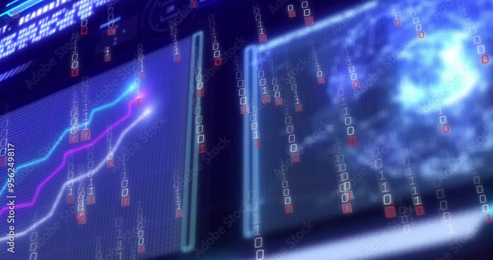 Poster binary code and data charts animation over digital screens