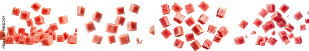 Poster falling watermelon cubes with selective focus on white background