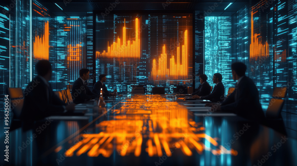 Poster boardroom meeting with digital market analytics. corporate boardroom meeting with large digital scre