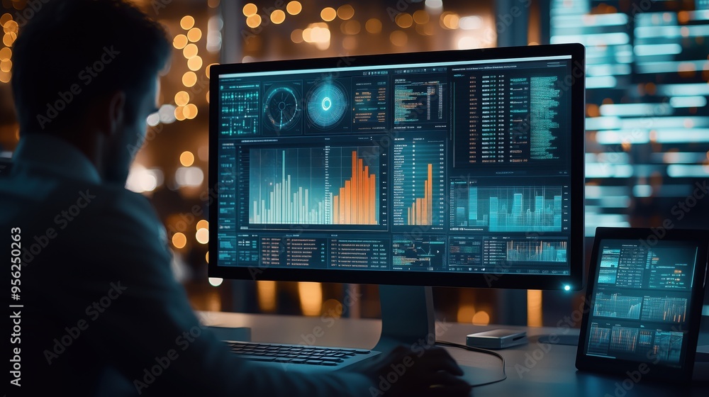 Poster businessman analyzing financial data on monitor. businessman is focused on analyzing financial data 