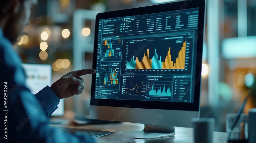 Poster professional analyzing market trends on screen. professional pointing at a computer screen with mark