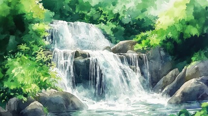 Naklejka premium Waterfall in a Lush Green Forest