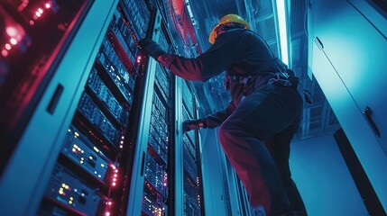A technician working on server equipment in a high-tech data center, illuminated by vibrant blue and red lights.