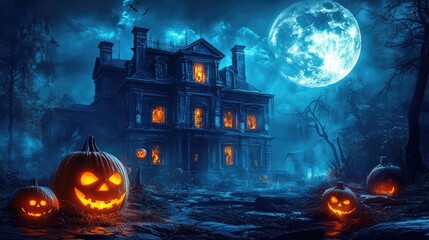 Horror Halloween Scene with Creepy Pumpkins and Spooky Haunted Mansion at Night with Full Moon. AI generated illustration