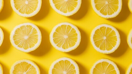 Symmetrical arrangement of lemon halves, vivid yellow color palette, emphasizing texture and freshness