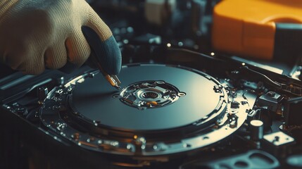 Obraz premium Close-up of a technician repairing a hard disk drive using a screwdriver in a modern tech environment.