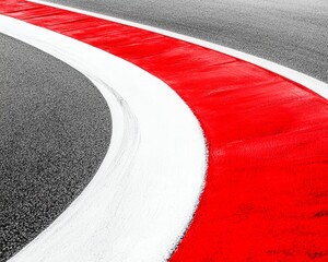 Tight corner on a professional racetrack, red and white curbs and slick asphalt, perfect for high-octane motorsport scenes