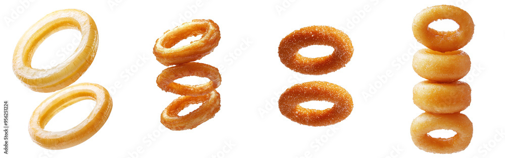Poster an isolated white background shows a falling fried onion ring with a full depth of field