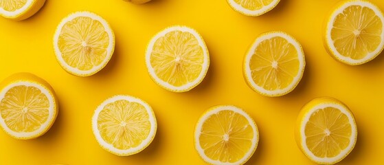 Fototapeta premium Top-down view of halved lemons arranged in a symmetrical pattern, vibrant yellow background, high contrast lighting