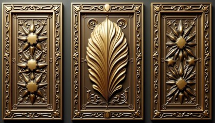 Three brass panels with intricate geometric patterns and a leaf motif 