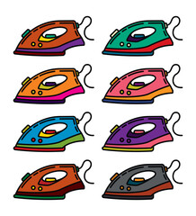 Original vector icon set in vintage style. An element of household appliances for smoothing out folds and wrinkles on clothes. Electric iron.
