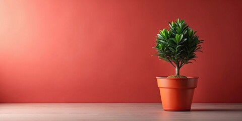 Close-up painting of potted plant on pale red background