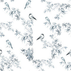 Pattern from birds siting on a branch. Watercolor composition with nightingales in monochrome siting on a graceful olive tree branch and singing . Isolate in black and blue colors on white background