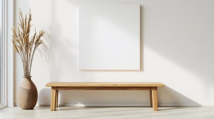 Wooden console with blank wall art, sunlight filtering into a minimalist room, clean and airy ambiance