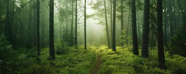 Beautiful forest scene bathed in sunlight with tall trees and lush green underbrush, evoking a sense of peace and wilderness.