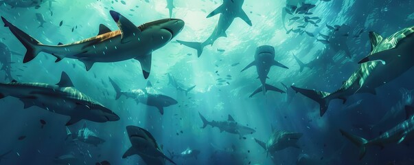 An underwater odyssey with multiple sharks and fish swimming amongst rays of light in the deep blue ocean.