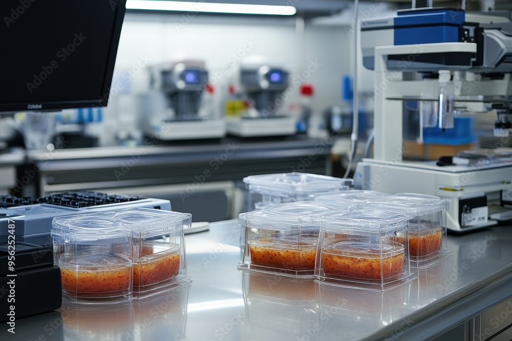 Poster laboratory setup with containers of orange substance, likely for scientific analysis.