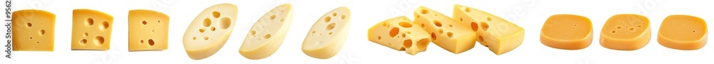 Poster a slice of cheese is isolated on a white background, clipped to a path, and the depth of field is fu